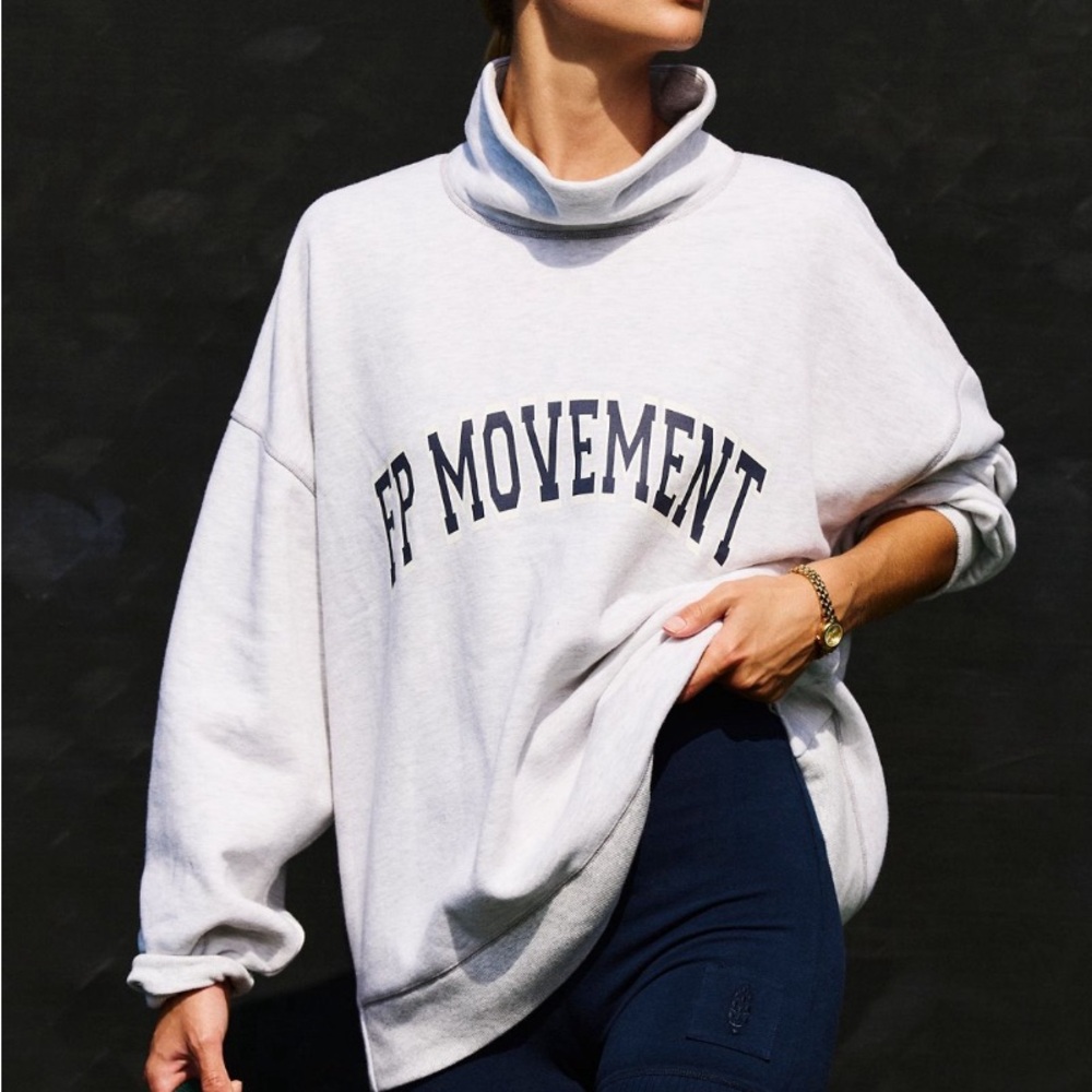 FP Movement by Free People Cream/White Turtleneck Sweatshirt with Navy Logo
